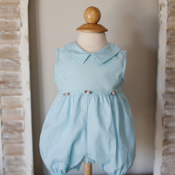 SALE- Infant Romper Bubble Aqua Blue Sleeveless Linen Spring Summer 3/6 Months - Picture 3 of 4